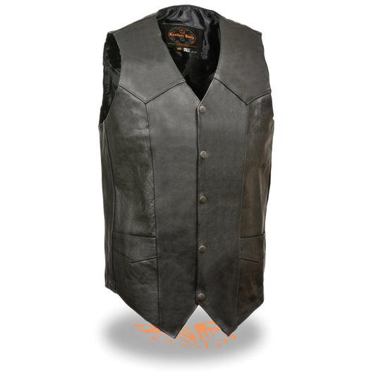SH1310Tall Men's Black Leather Classic V-Neck Motorcycle Rider Vest w/ Snap Button Closure