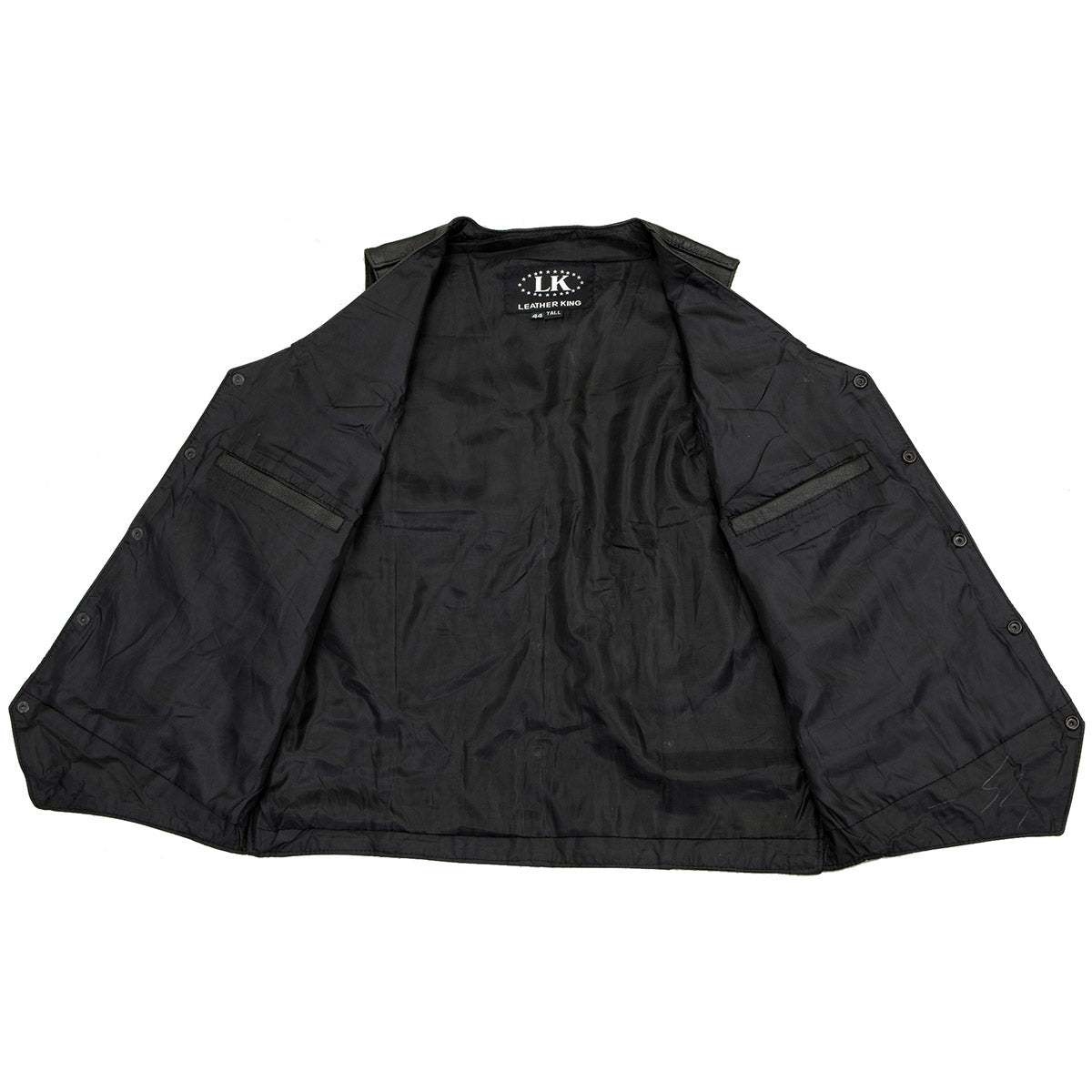 SH1310Tall Men's Black Leather Classic V-Neck Motorcycle Rider Vest w/ Snap Button Closure