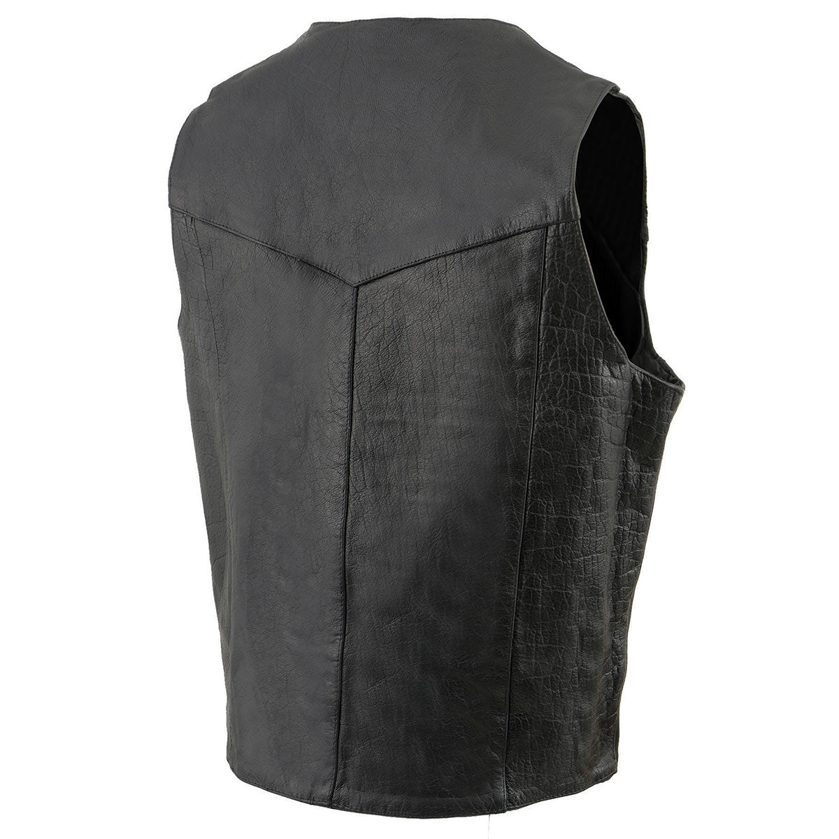 SH1310Tall Men's Black Leather Classic V-Neck Motorcycle Rider Vest w/ Snap Button Closure