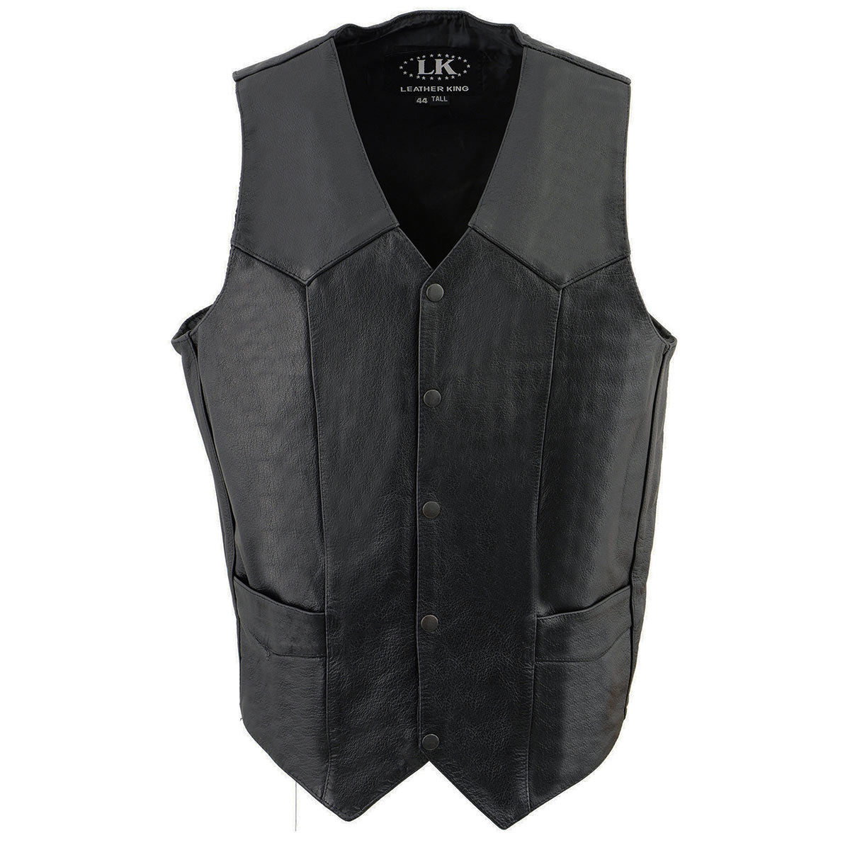 SH1310Tall Men's Black Leather Classic V-Neck Motorcycle Rider Vest w/ Snap Button Closure