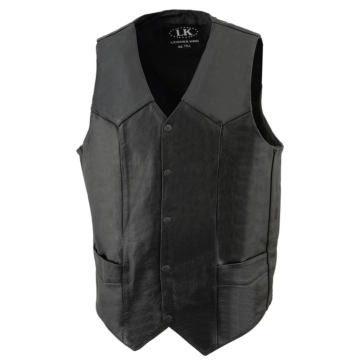 SH1310Tall Men's Black Leather Classic V-Neck Motorcycle Rider Vest w/ Snap Button Closure