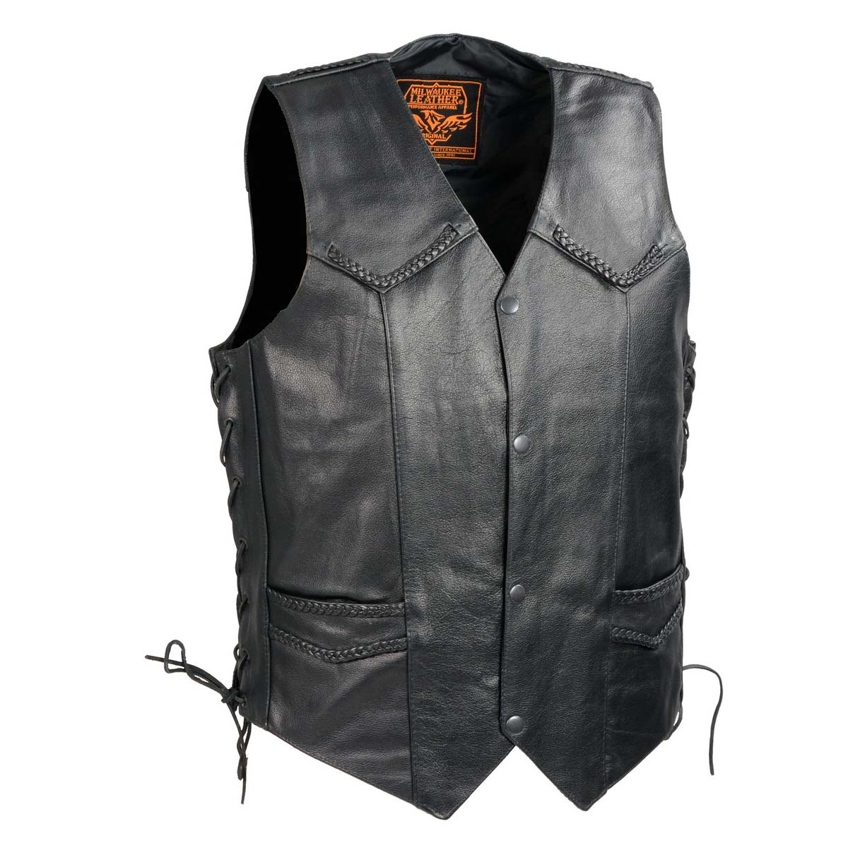 SH1314 Men's Classic Black Braided Leather Vest with Side Laces