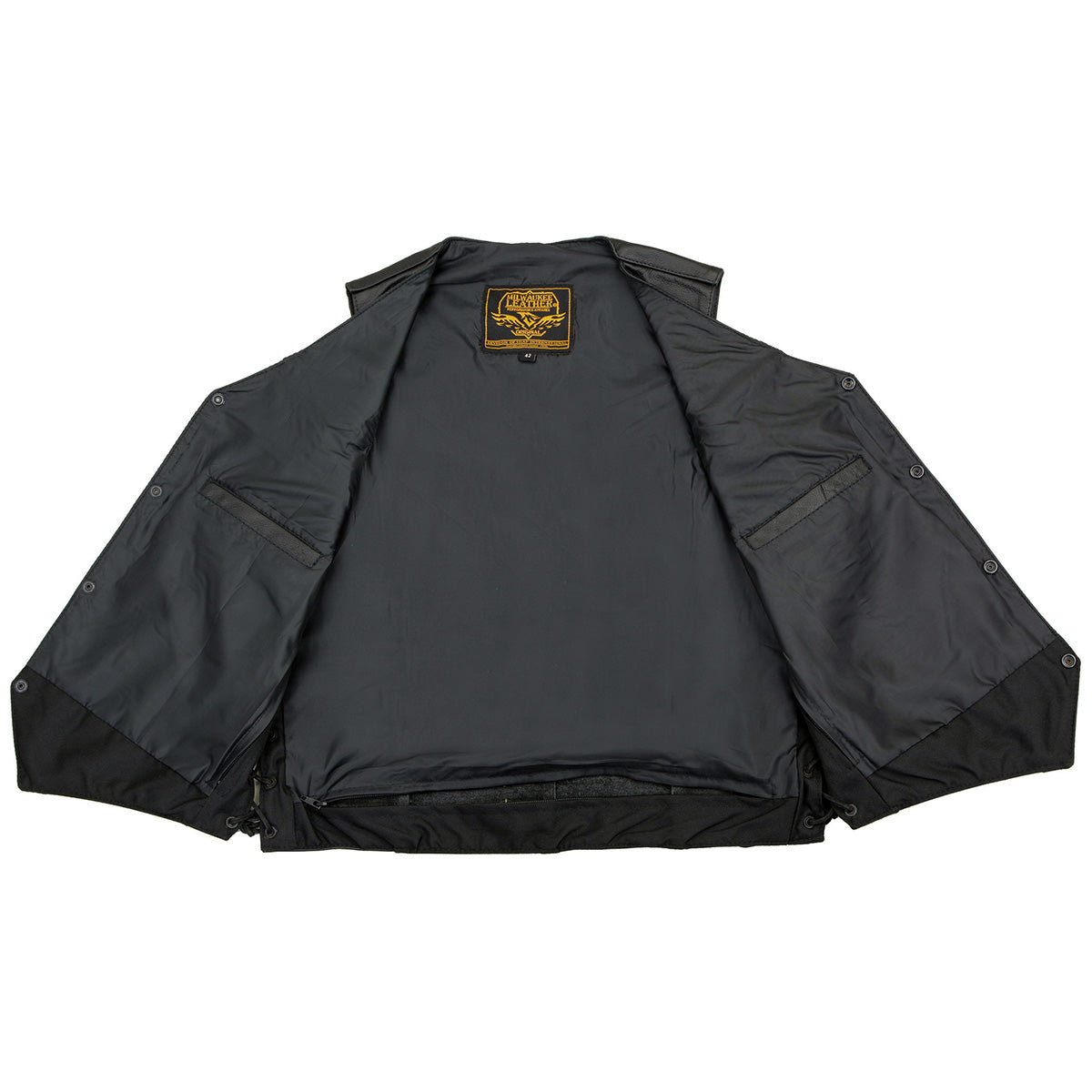 SH1315 Men's Black Leather Classic V-Neck Side Lace Motorcycle Rider Vest w/ Front Snap Closure