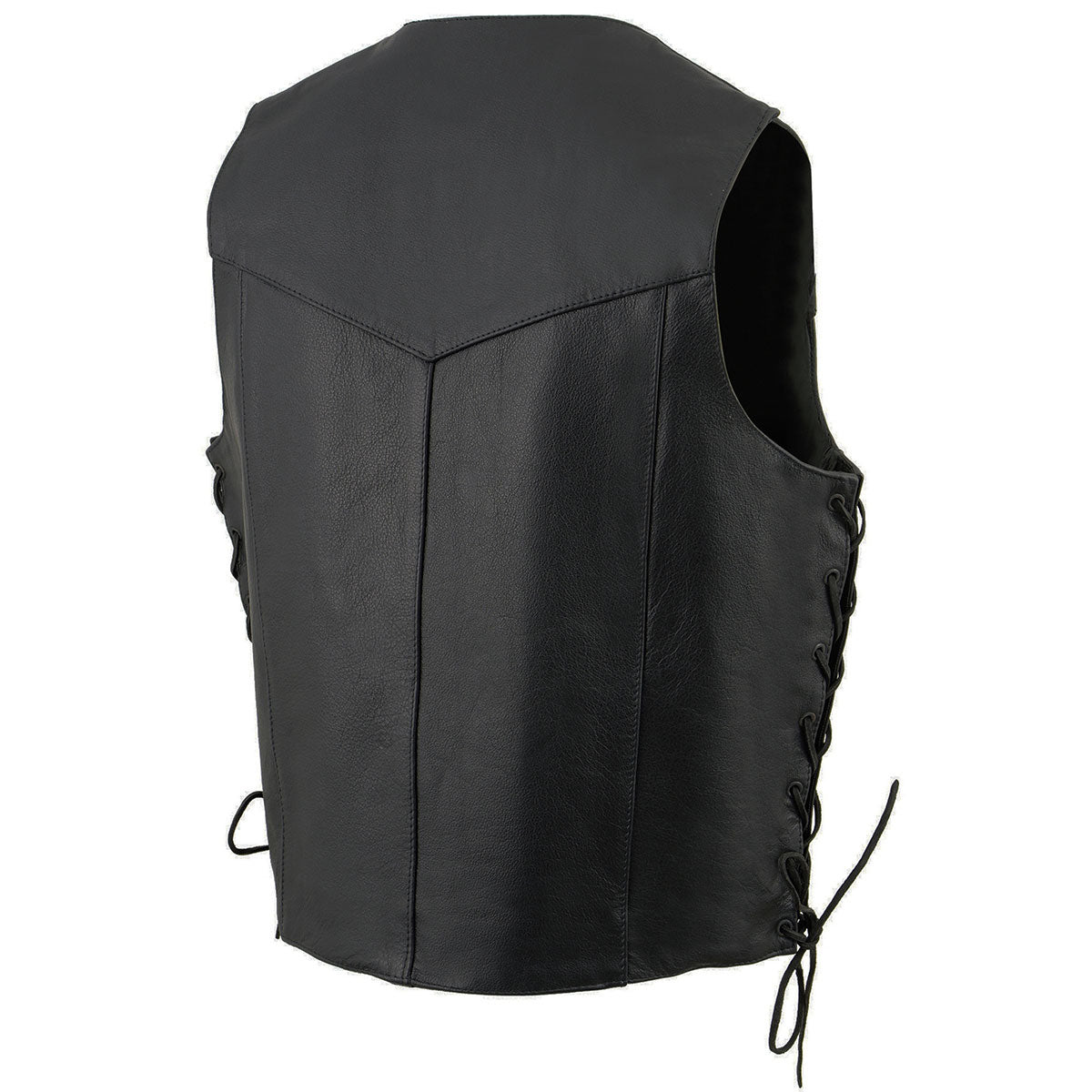 SH1315 Men's Black Leather Classic V-Neck Side Lace Motorcycle Rider Vest w/ Front Snap Closure