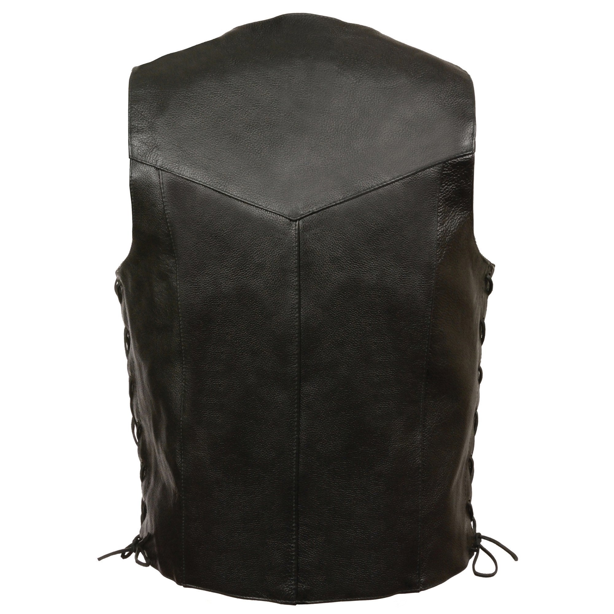 SH1315 Men's Black Leather Classic V-Neck Side Lace Motorcycle Rider Vest w/ Front Snap Closure