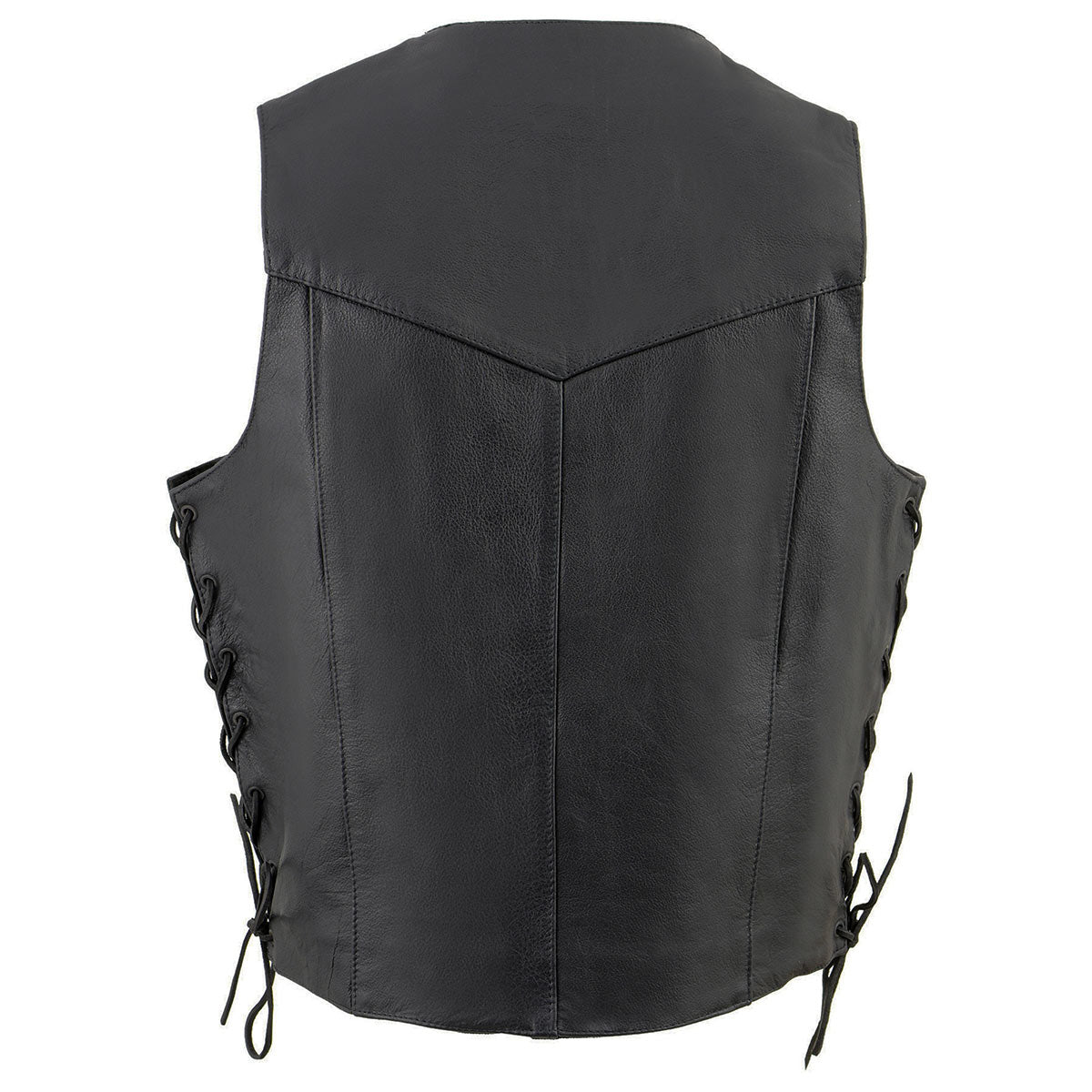 SH1315 Men's Black Leather Classic V-Neck Side Lace Motorcycle Rider Vest w/ Front Snap Closure