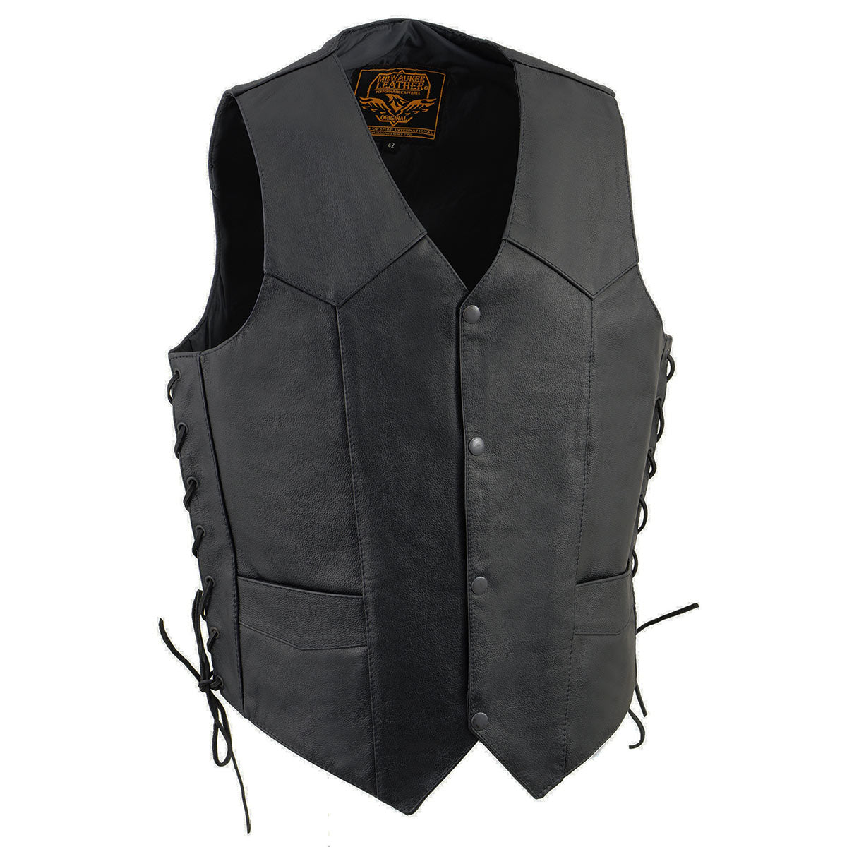 SH1315 Men's Black Leather Classic V-Neck Side Lace Motorcycle Rider Vest w/ Front Snap Closure