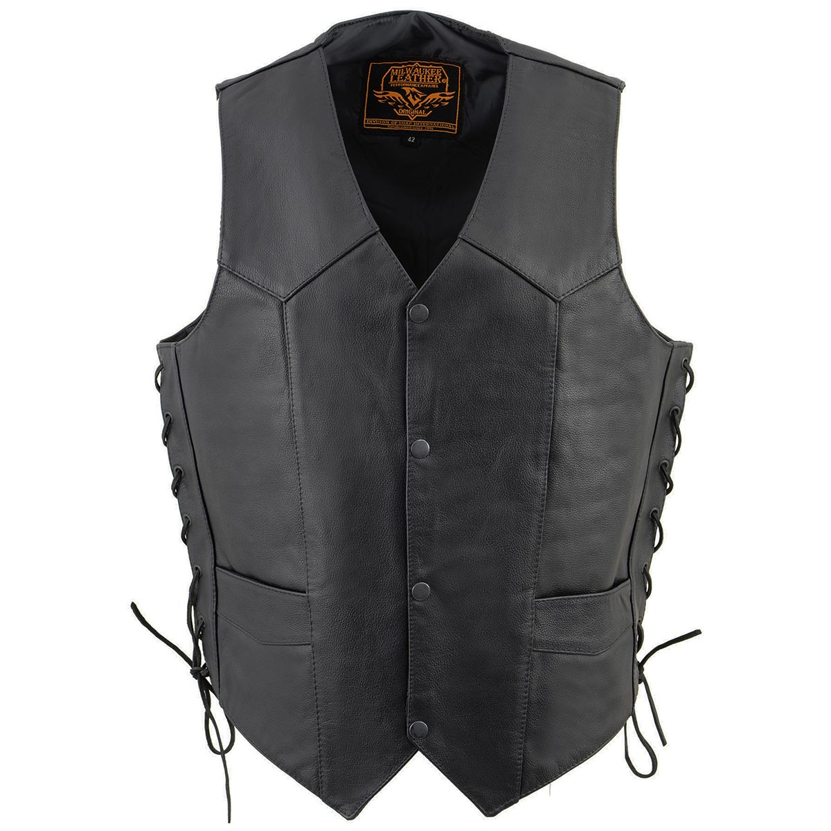 SH1315 Men's Black Leather Classic V-Neck Side Lace Motorcycle Rider Vest w/ Front Snap Closure