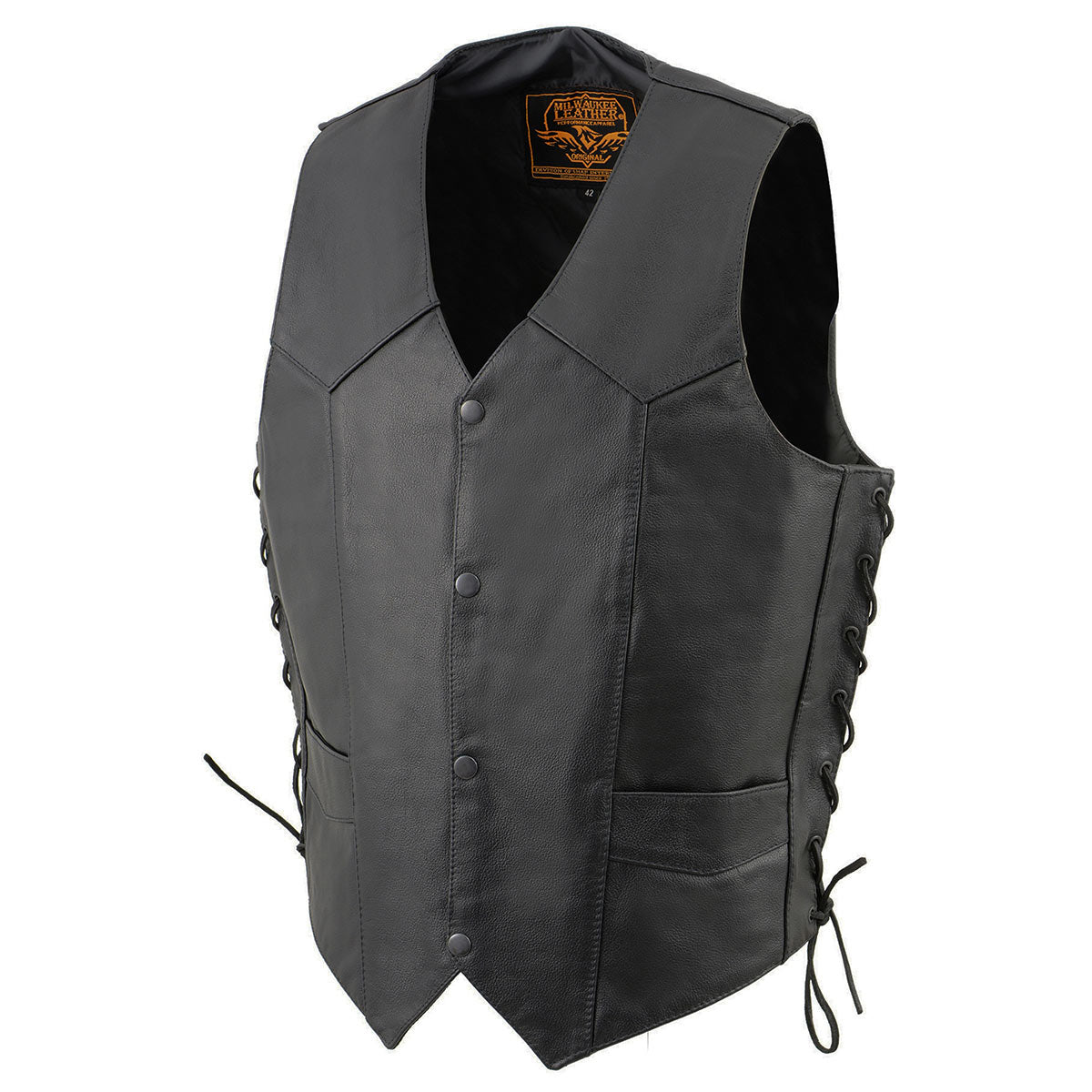 SH1315 Men's Black Leather Classic V-Neck Side Lace Motorcycle Rider Vest w/ Front Snap Closure