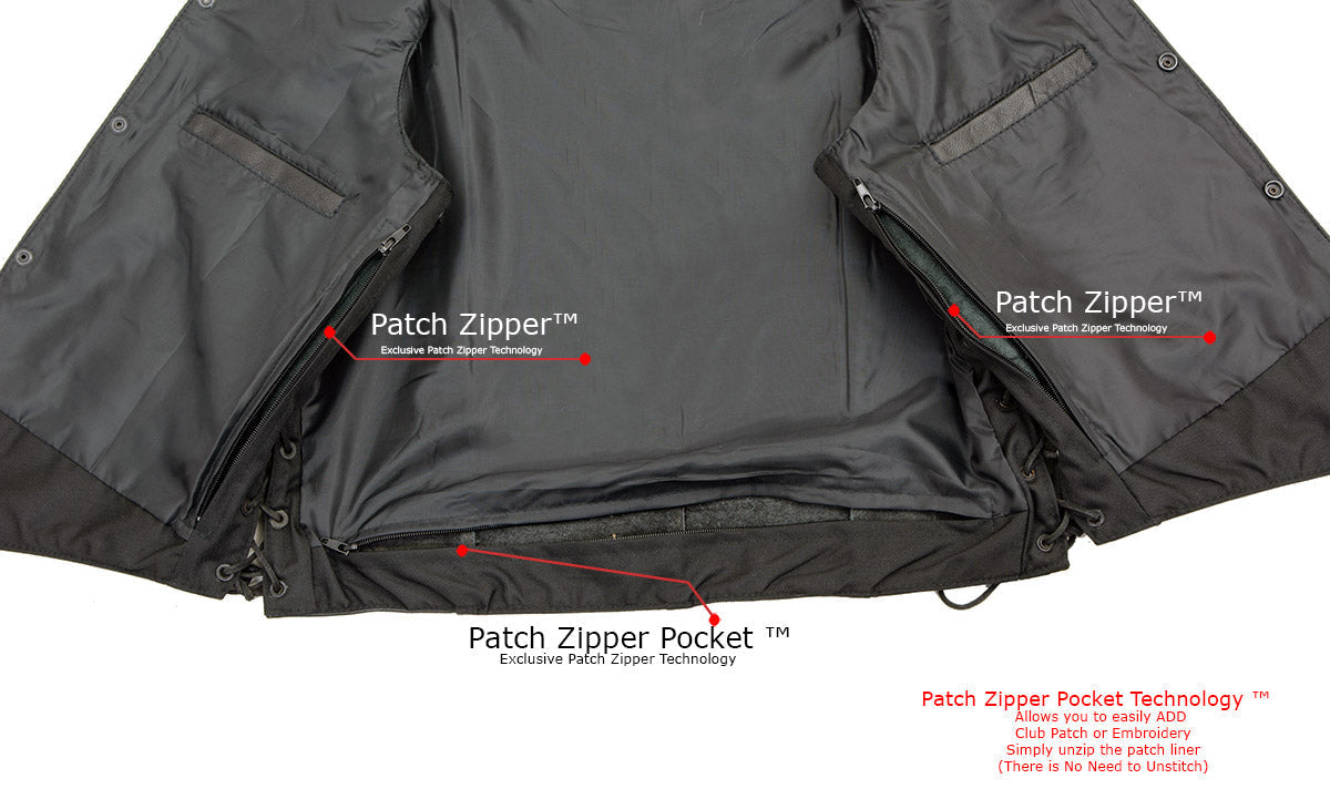 SH1315 Men's Black Leather Classic V-Neck Side Lace Motorcycle Rider Vest w/ Front Snap Closure