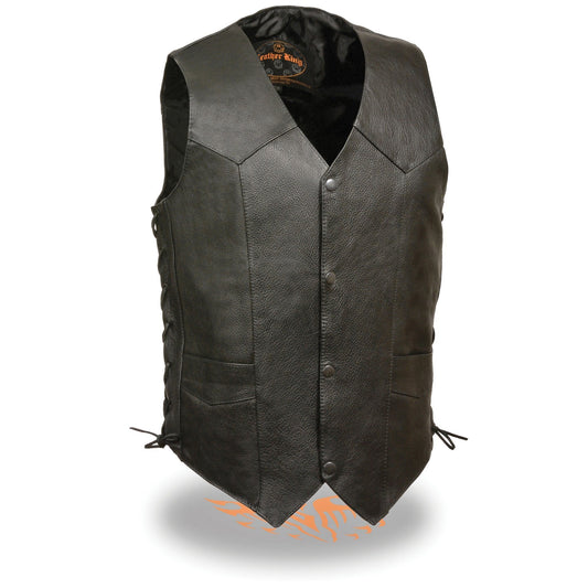 SH1315 Men's Black Leather Classic V-Neck Side Lace Motorcycle Rider Vest w/ Front Snap Closure