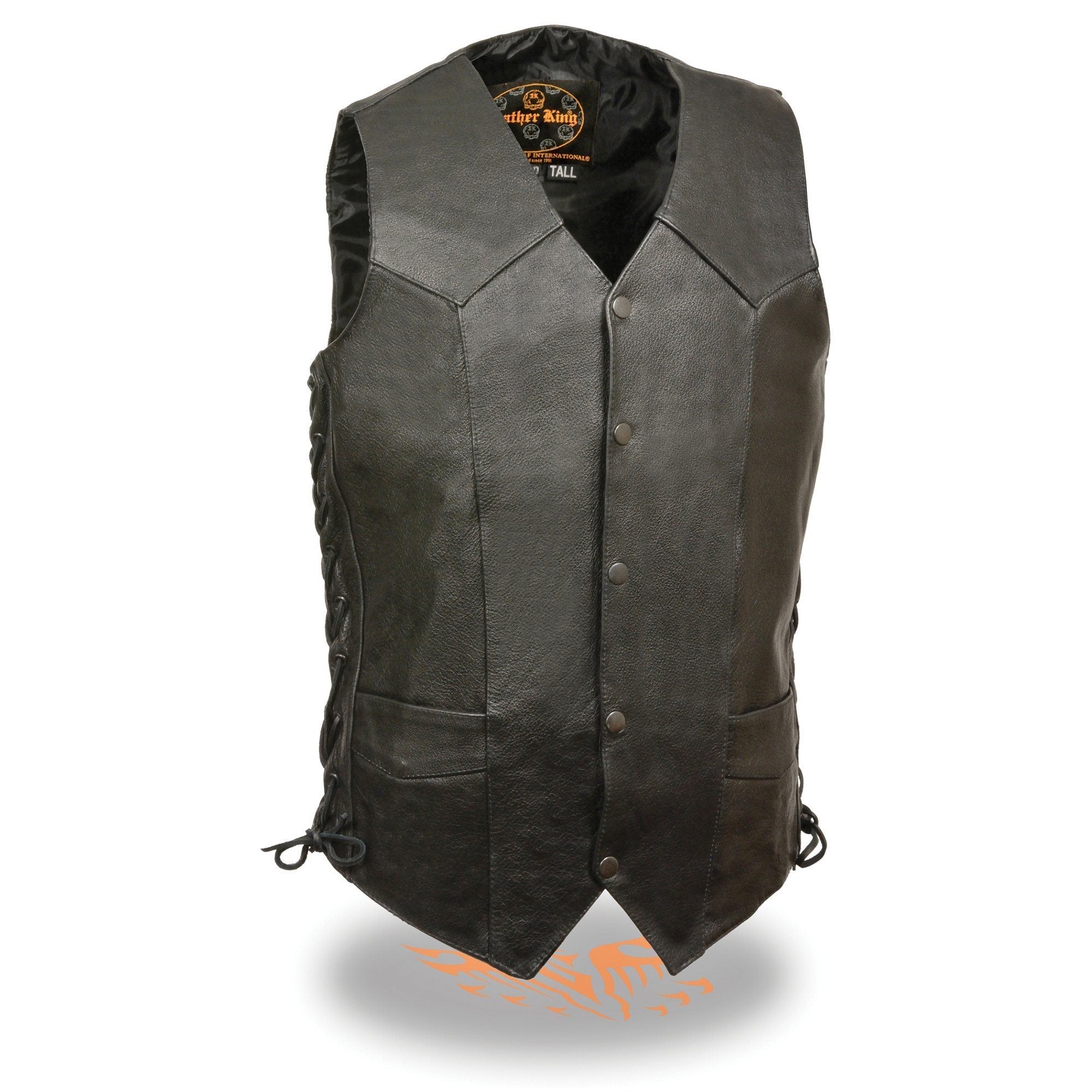 SH1315Tall Men's Classic Black Leather V-Neck Side Lace Motorcycle Rider Vest w/ Snap Closure