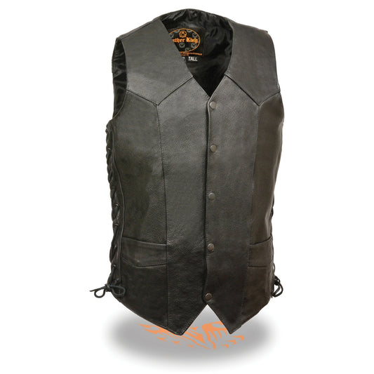 SH1315Tall Men's Classic Black Leather V-Neck Side Lace Motorcycle Rider Vest w/ Snap Closure