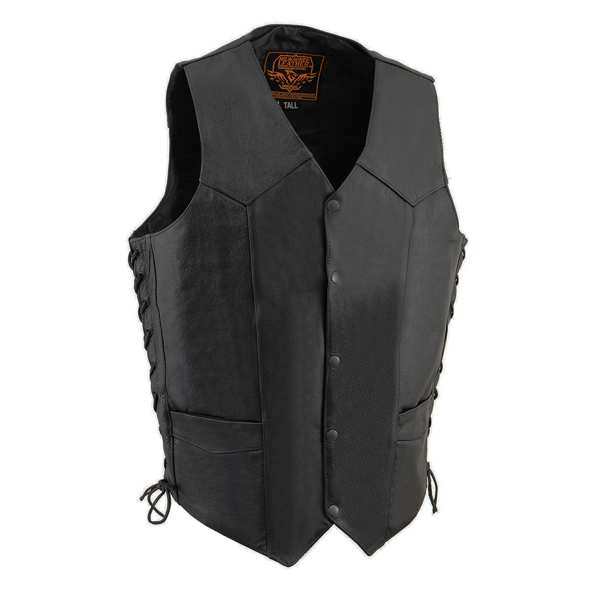 SH1315Tall Men's Classic Black Leather V-Neck Side Lace Motorcycle Rider Vest w/ Snap Closure