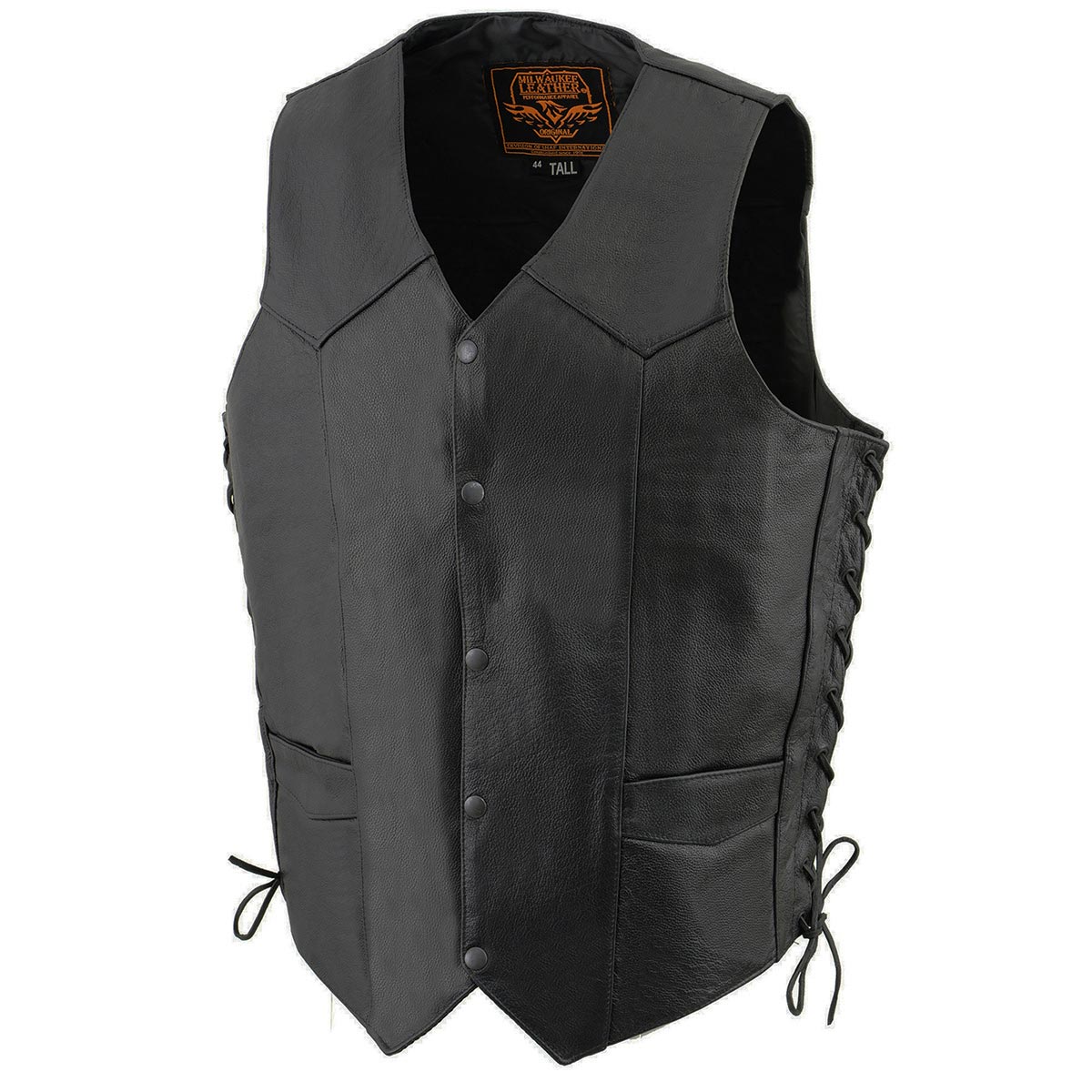 SH1315Tall Men's Classic Black Leather V-Neck Side Lace Motorcycle Rider Vest w/ Snap Closure