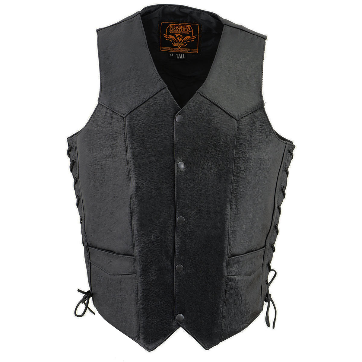SH1315Tall Men's Classic Black Leather V-Neck Side Lace Motorcycle Rider Vest w/ Snap Closure