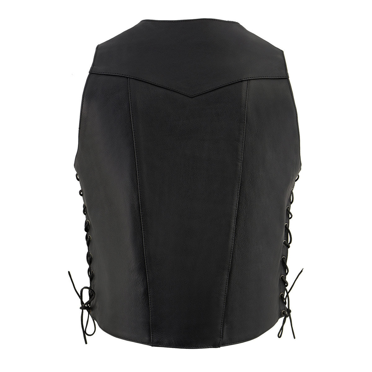 SH1391 Men's Black Leather 10 Pocket V-Neck Side Lace Motorcycle Rider Vest w/ Front Snap Closure