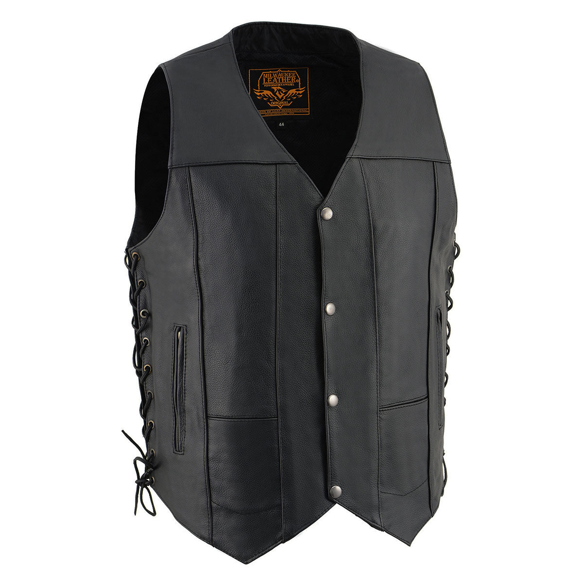 SH1391 Men's Black Leather 10 Pocket V-Neck Side Lace Motorcycle Rider Vest w/ Front Snap Closure