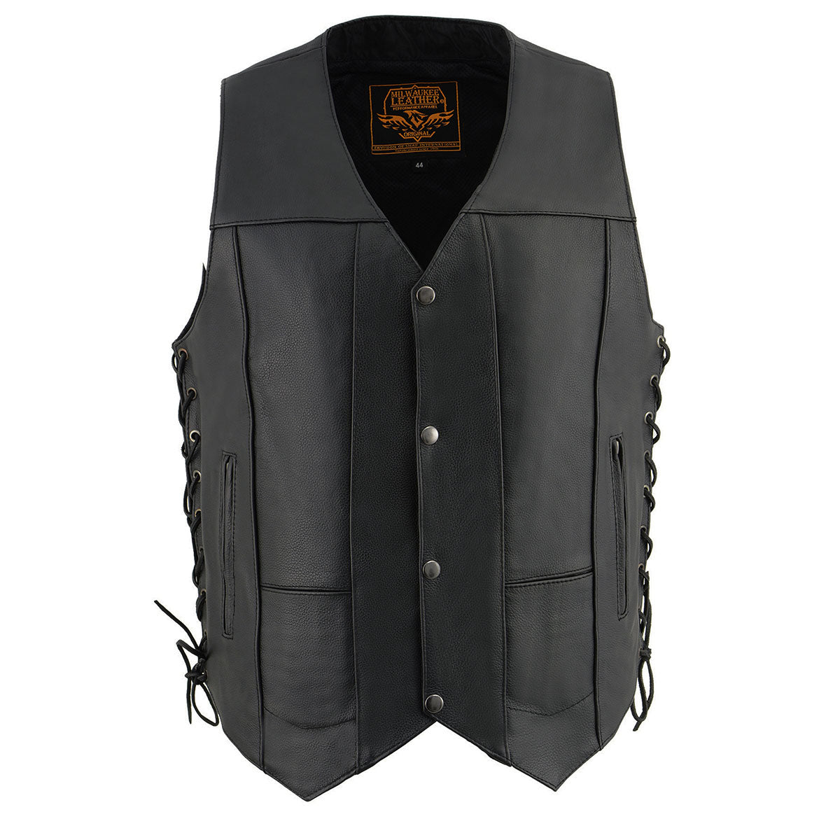 SH1391 Men's Black Leather 10 Pocket V-Neck Side Lace Motorcycle Rider Vest w/ Front Snap Closure