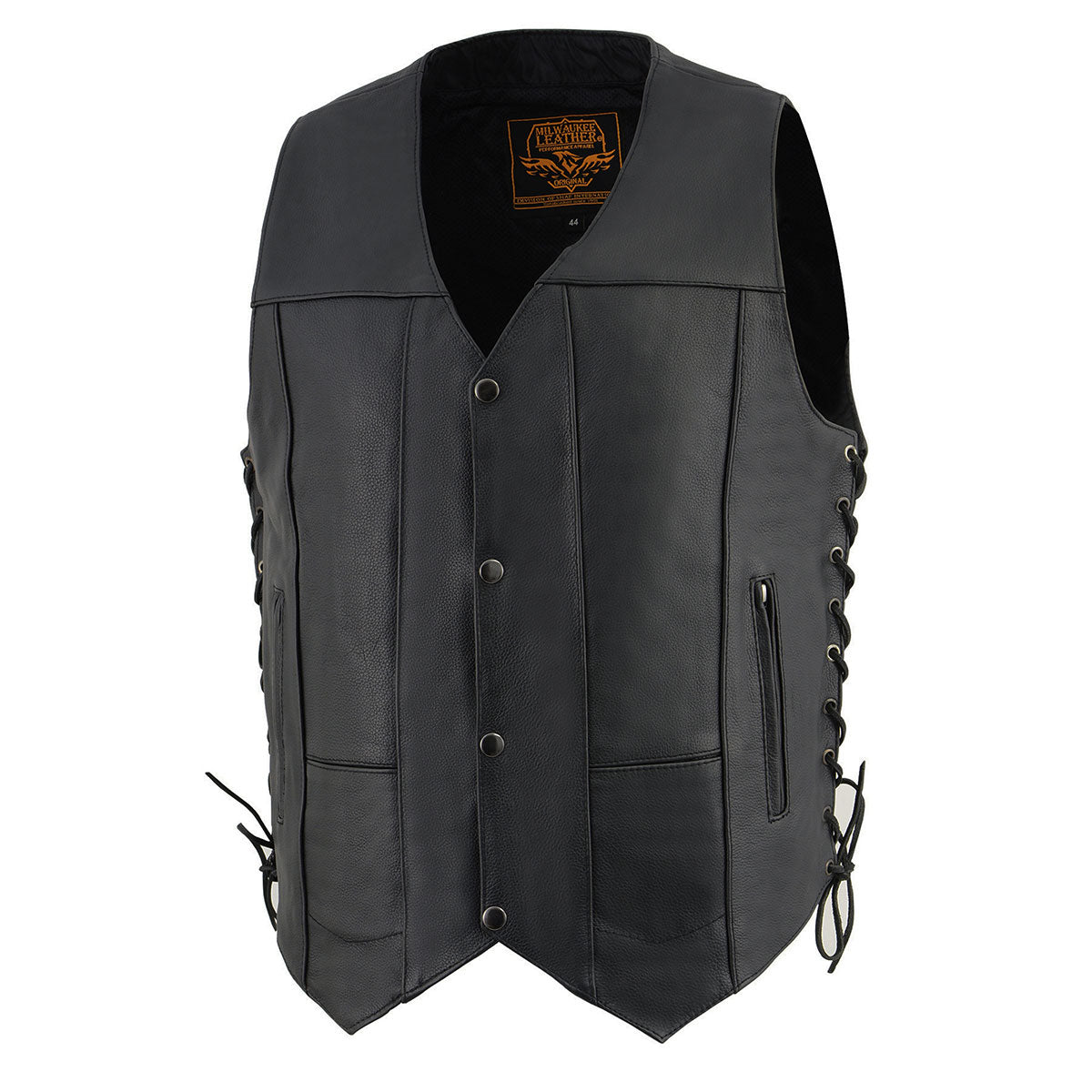 SH1391 Men's Black Leather 10 Pocket V-Neck Side Lace Motorcycle Rider Vest w/ Front Snap Closure
