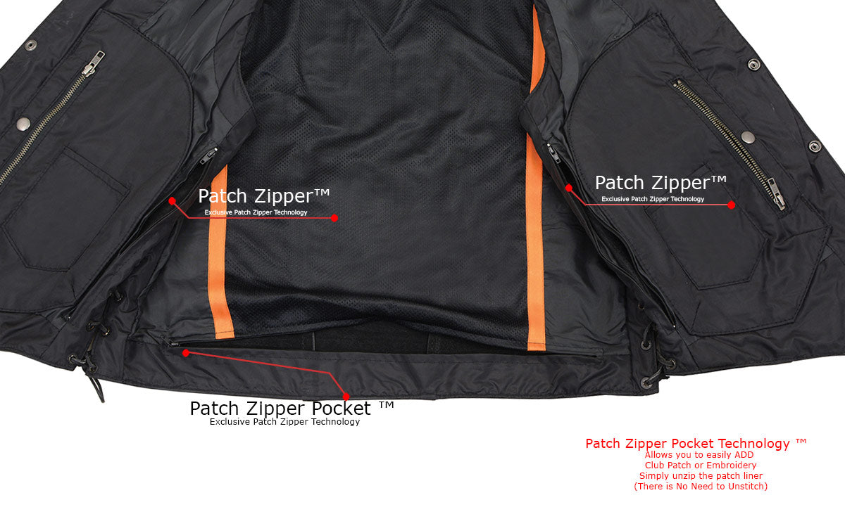 SH1391 Men's Black Leather 10 Pocket V-Neck Side Lace Motorcycle Rider Vest w/ Front Snap Closure