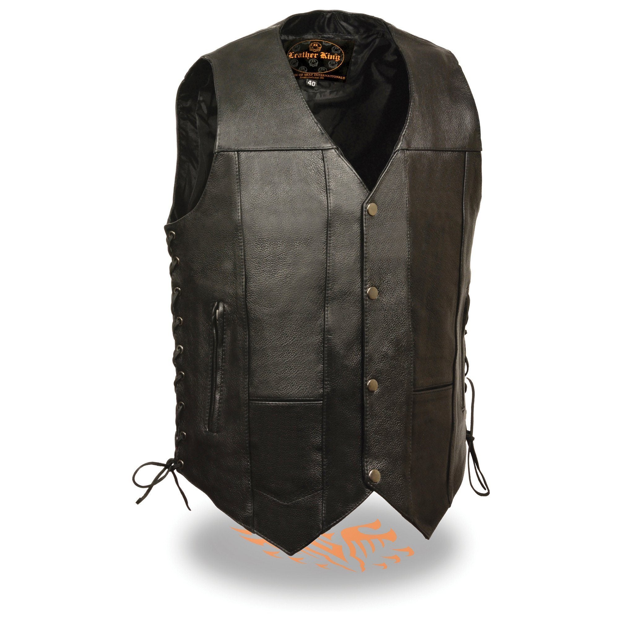 SH1391 Men's Black Leather 10 Pocket V-Neck Side Lace Motorcycle Rider Vest w/ Front Snap Closure