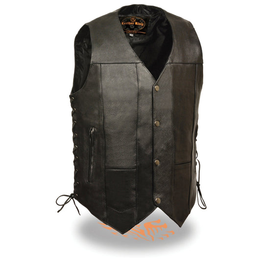 SH1391 Men's Black Leather 10 Pocket V-Neck Side Lace Motorcycle Rider Vest w/ Front Snap Closure