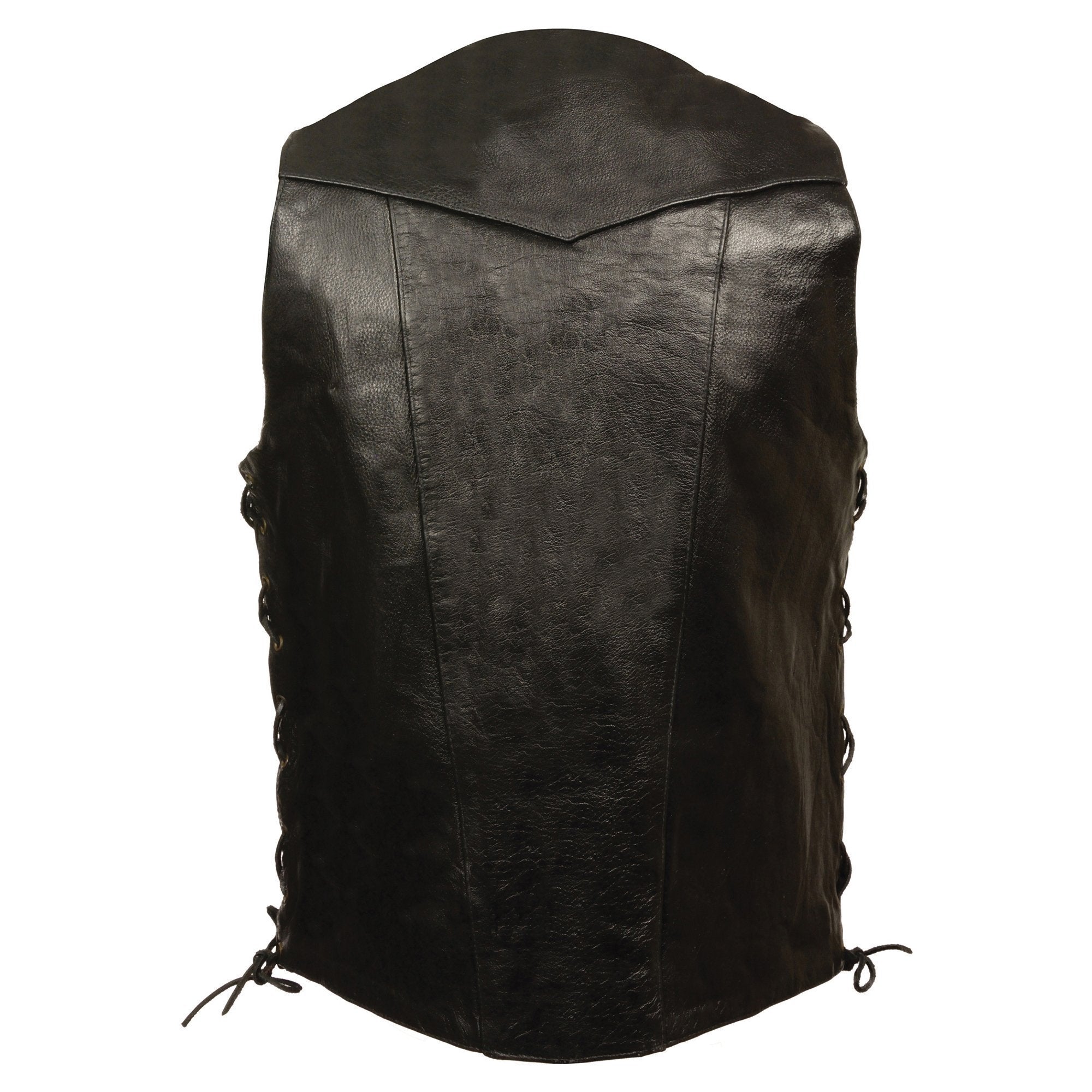SH1392Tall Men's Black Leather 10 Pocket V-Neck Side Lace Motorcycle Rider Vest w/ Snap Closure