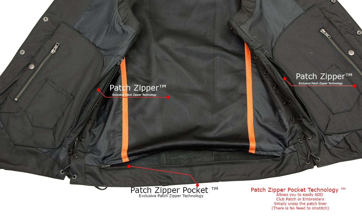 SH1392Tall Men's Black Leather 10 Pocket V-Neck Side Lace Motorcycle Rider Vest w/ Snap Closure