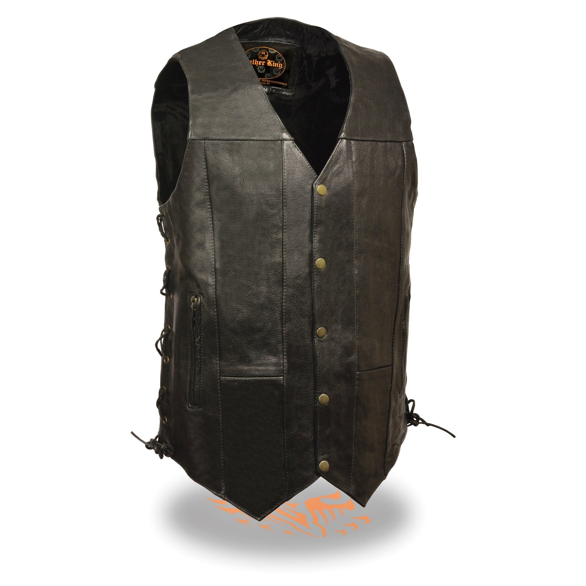 SH1392Tall Men's Black Leather 10 Pocket V-Neck Side Lace Motorcycle Rider Vest w/ Snap Closure