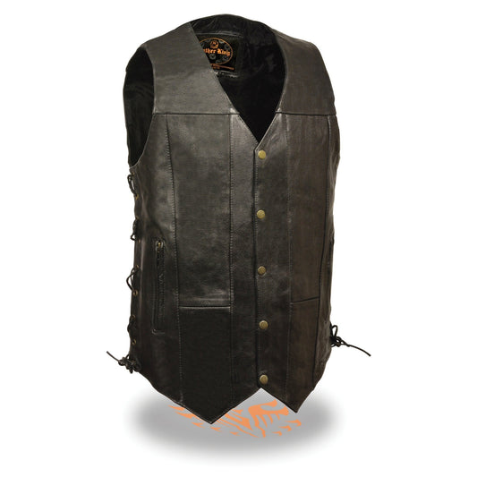 SH1392Tall Men's Black Leather 10 Pocket V-Neck Side Lace Motorcycle Rider Vest w/ Snap Closure