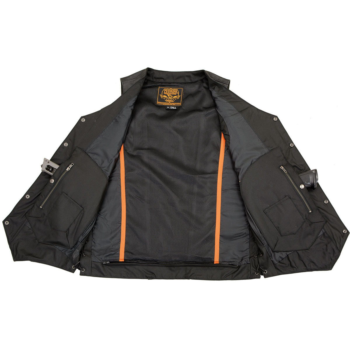 SH1392Tall Men's Black Leather 10 Pocket V-Neck Side Lace Motorcycle Rider Vest w/ Snap Closure