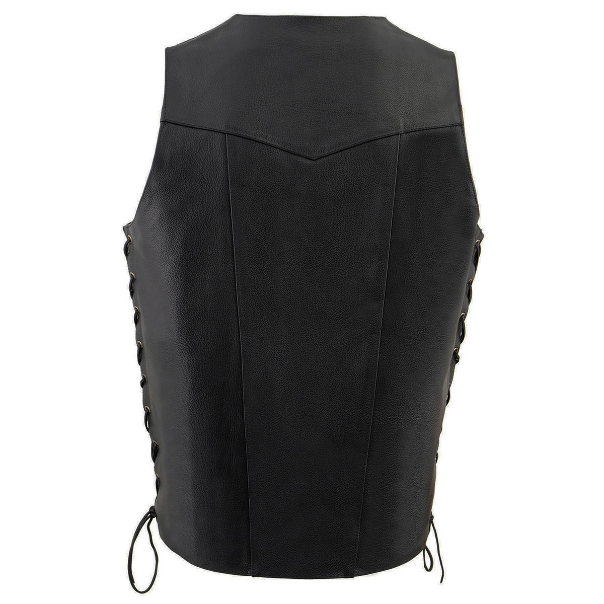 SH1392Tall Men's Black Leather 10 Pocket V-Neck Side Lace Motorcycle Rider Vest w/ Snap Closure