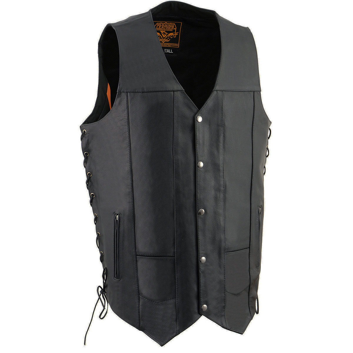 SH1392Tall Men's Black Leather 10 Pocket V-Neck Side Lace Motorcycle Rider Vest w/ Snap Closure