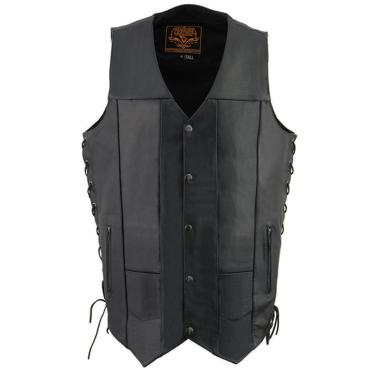 SH1392Tall Men's Black Leather 10 Pocket V-Neck Side Lace Motorcycle Rider Vest w/ Snap Closure