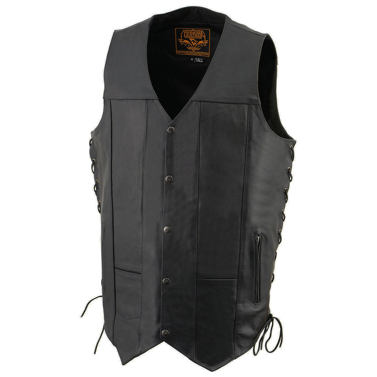 SH1392Tall Men's Black Leather 10 Pocket V-Neck Side Lace Motorcycle Rider Vest w/ Snap Closure