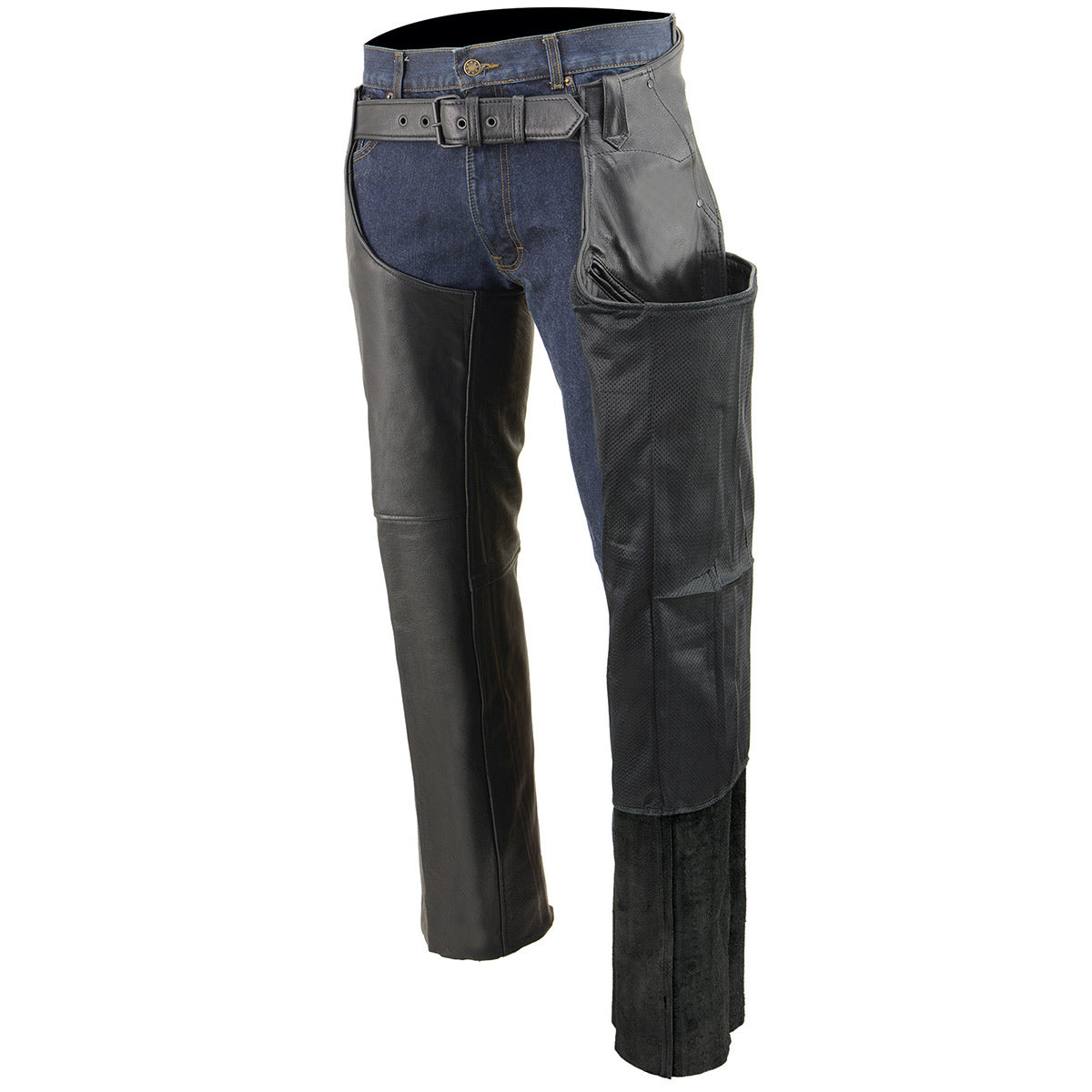 Men’s Black Premium Leather Motorcycle Rider Chaps w/ Front 3-Pockets - Thigh Patch Pocket-SH1766