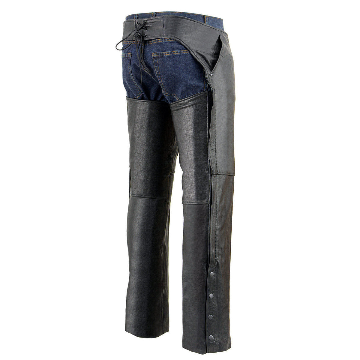 Men’s Black Premium Leather Motorcycle Rider Chaps w/ Front 3-Pockets - Thigh Patch Pocket-SH1766