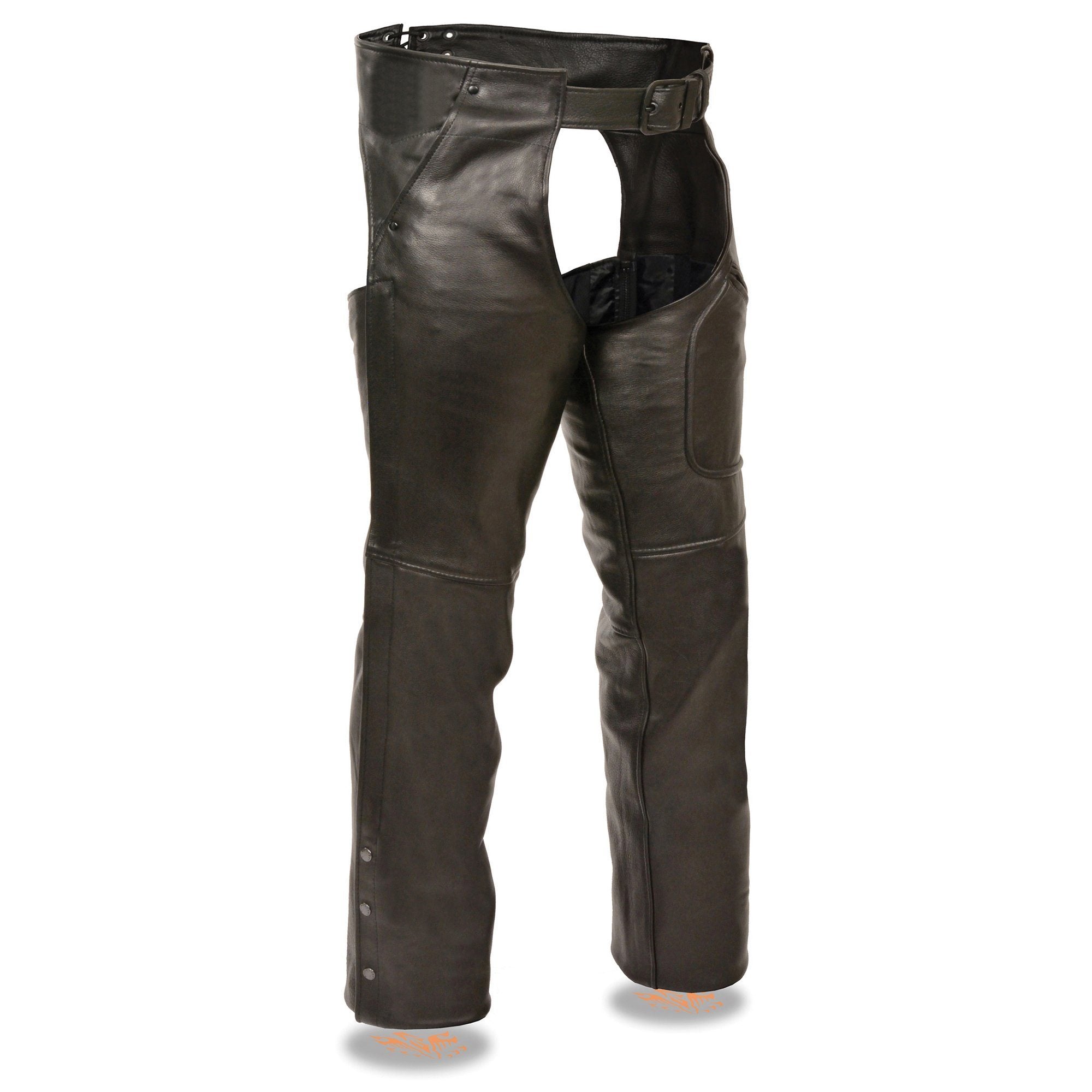 Men’s Black Premium Leather Motorcycle Rider Chaps w/ Front 3-Pockets - Thigh Patch Pocket-SH1766