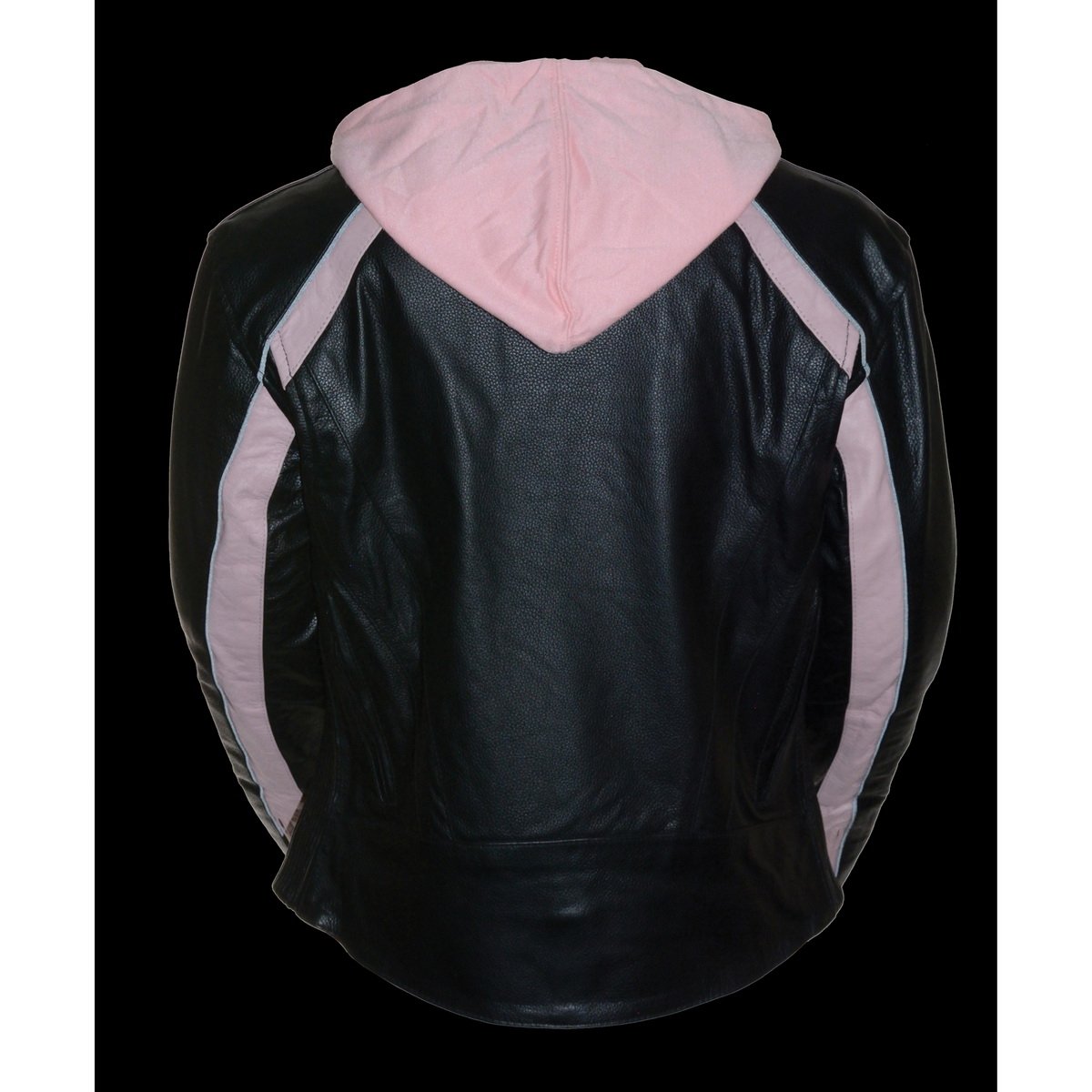 SH1951 Women's Black and Pink Striped Leather Jacket with Zip-Out Hoodie