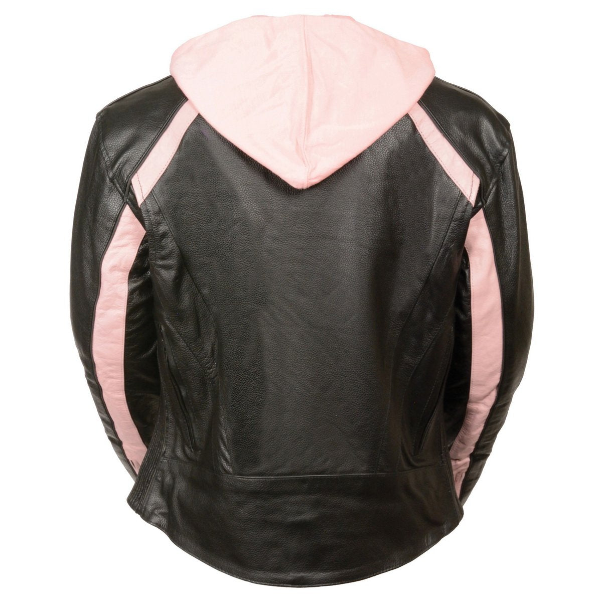 SH1951 Women's Black and Pink Striped Leather Jacket with Zip-Out Hoodie