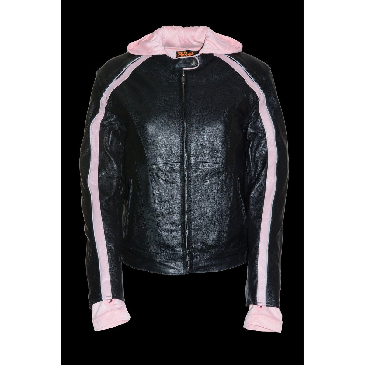 SH1951 Women's Black and Pink Striped Leather Jacket with Zip-Out Hoodie