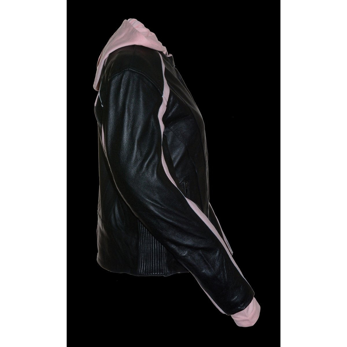 SH1951 Women's Black and Pink Striped Leather Jacket with Zip-Out Hoodie