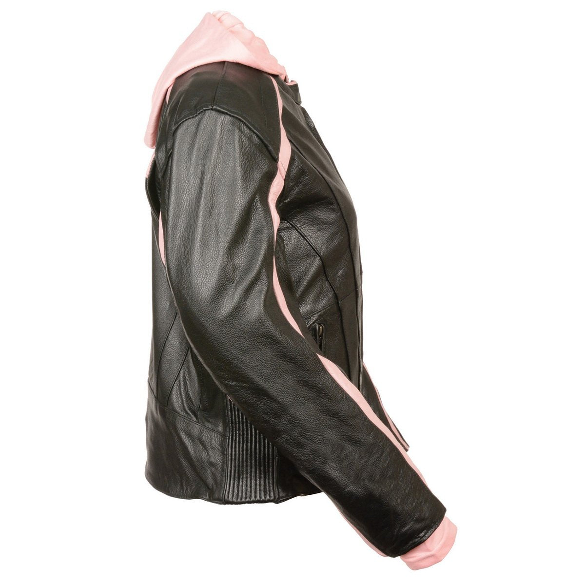 SH1951 Women's Black and Pink Striped Leather Jacket with Zip-Out Hoodie