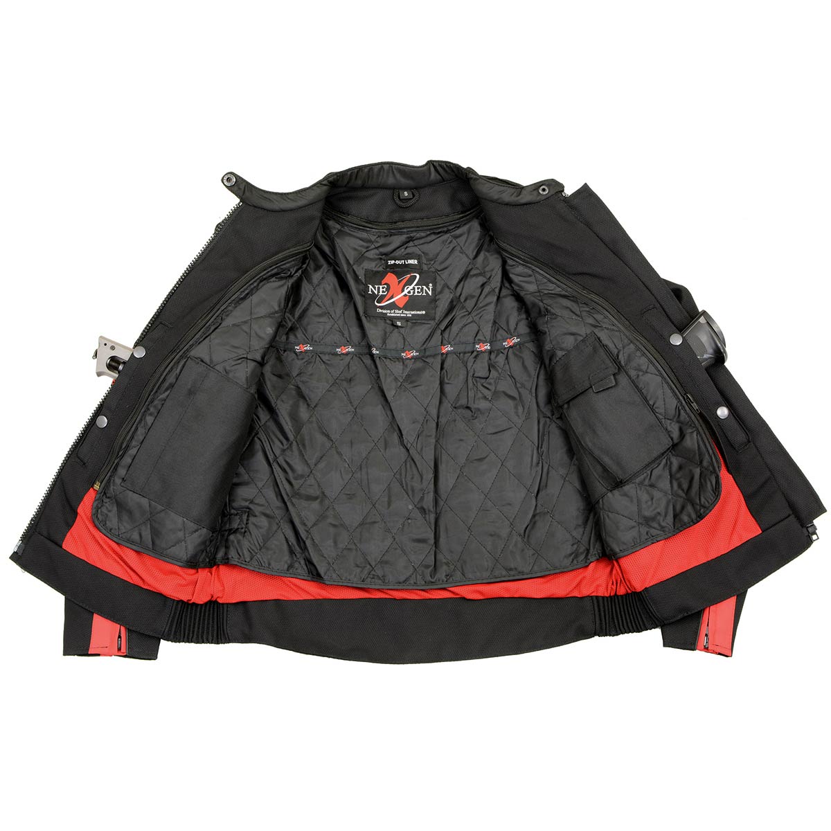 SH1954 Women's Black and Red Textile Jacket with Stud and Wings Detailing