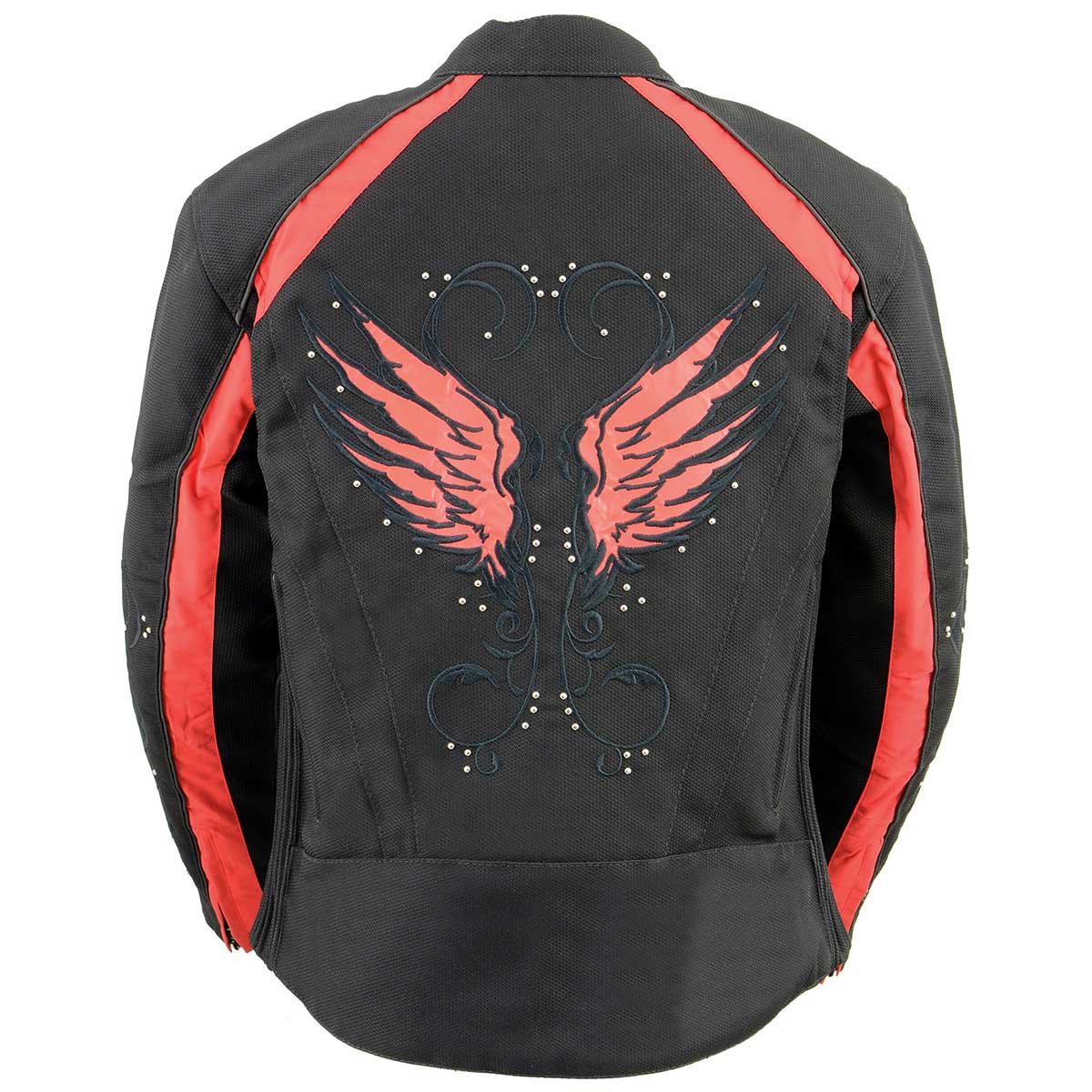 SH1954 Women's Black and Red Textile Jacket with Stud and Wings Detailing
