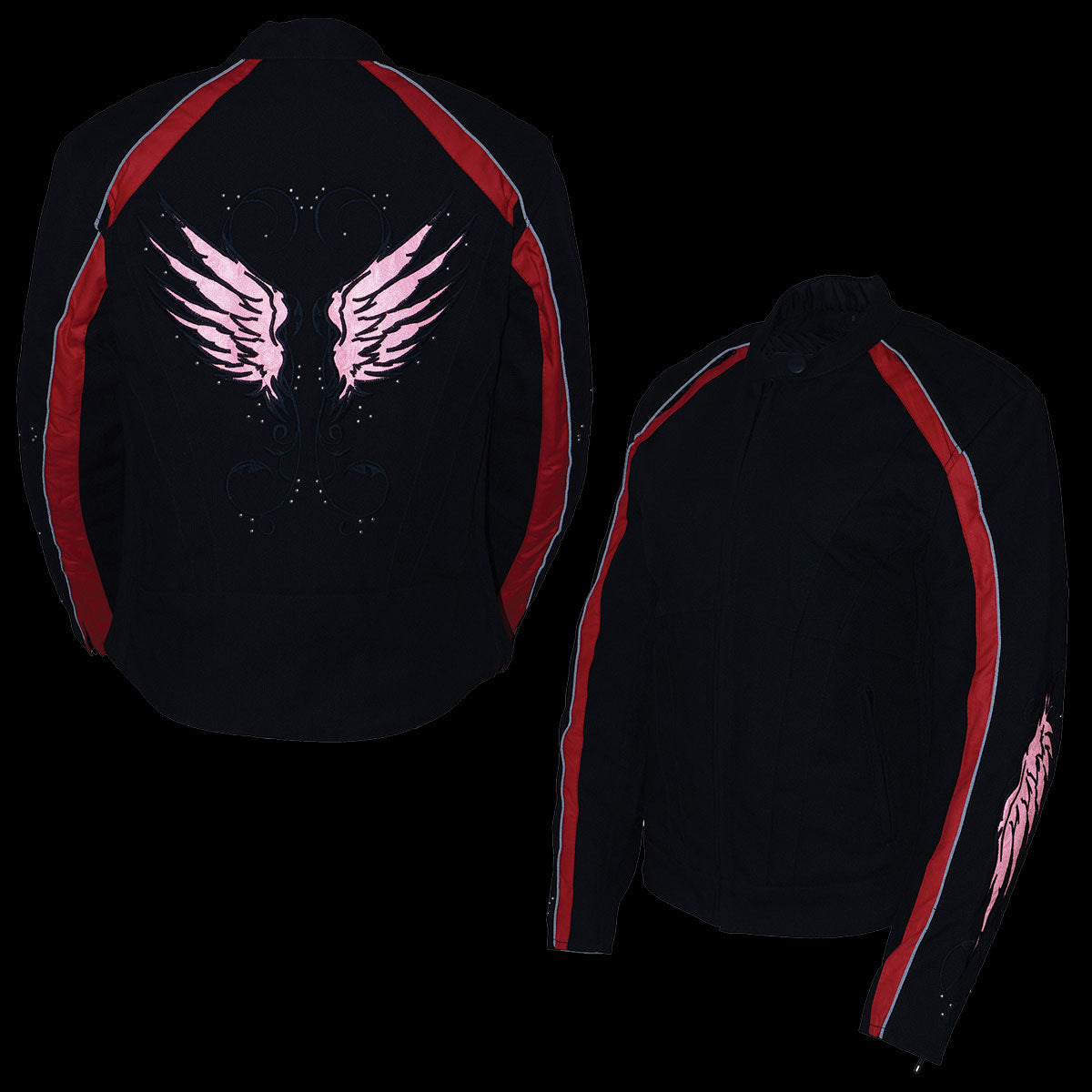 SH1954 Women's Black and Red Textile Jacket with Stud and Wings Detailing