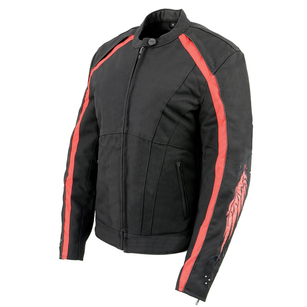 SH1954 Women's Black and Red Textile Jacket with Stud and Wings Detailing