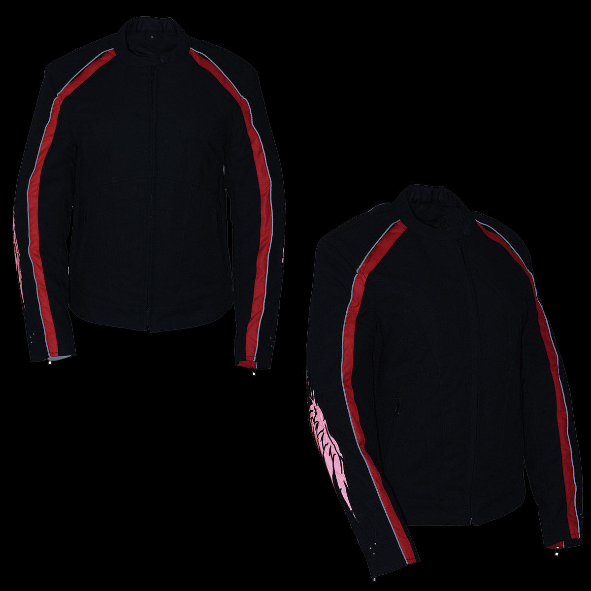 SH1954 Women's Black and Red Textile Jacket with Stud and Wings Detailing