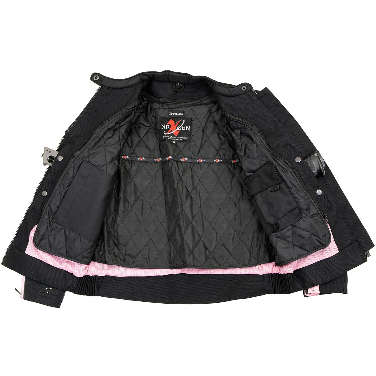 SH1954 Women's Black and Pink Textile Jacket with Stud and Wings Detailing